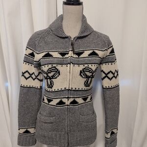 TNA Gray and Cream Zip-Up Nordic Knit Cardigan